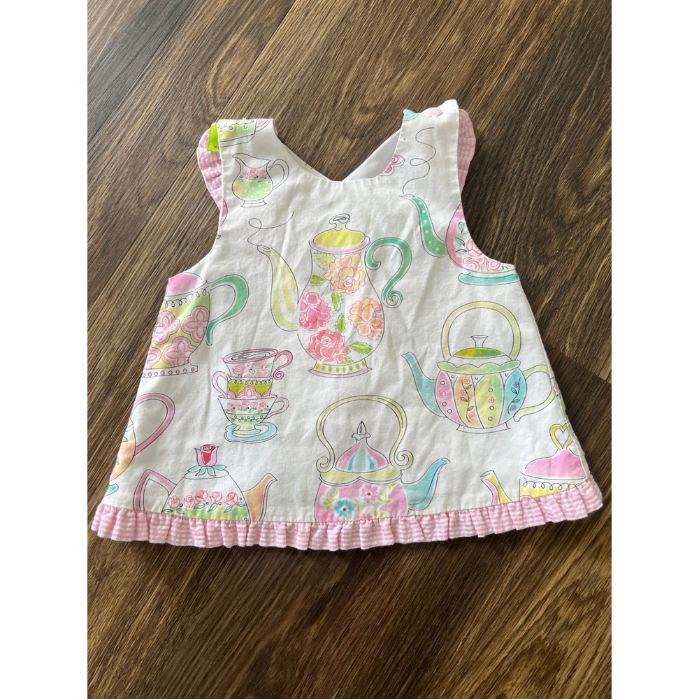 Le' Za Me Tea Party Dress Teapots Cups Ruffle‎ Trim Sleeveless Cross Back 12m